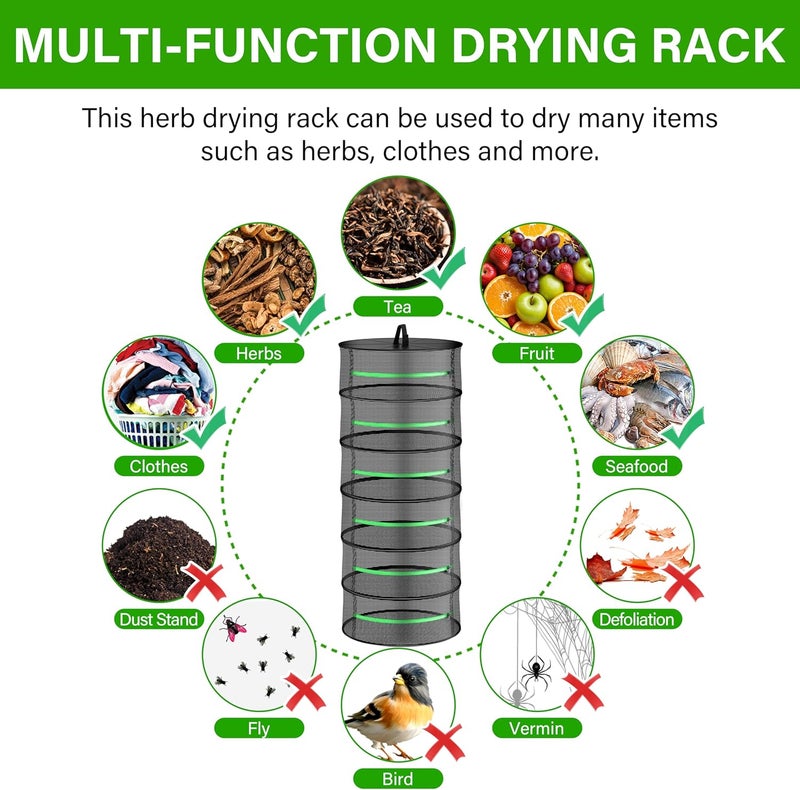 I-Power 2ft 6-Layer Herb Drying Rack Breathable Mesh Hanging Dryer with Zippers Foldable Heavy Duty Ring for Garden Plant, Free Storage Bag and Hook Included, 2 Packs - Image 2
